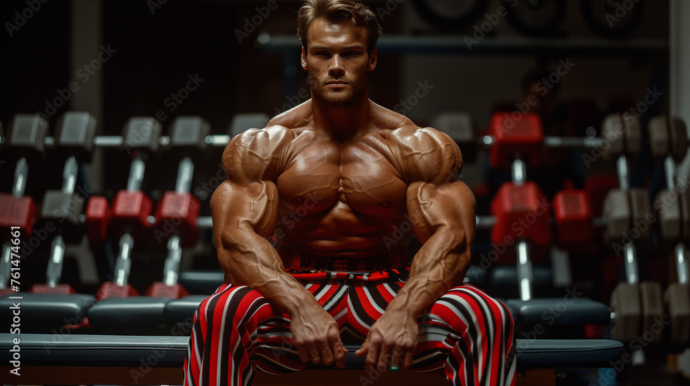 Muscular bodybuilder wearing retro pants - obrazy, fototapety, plakaty 
