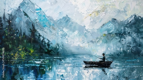 An expressive and textured painting capturing a serene landscape with a lone boatman on a misty lake surrounded by towering mountains photo