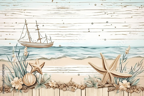 Capture seaside romance: Vector illustration art of a beach wedding, with shells, starfish, and driftwood. Rustic anchor, ropes, knots adorn