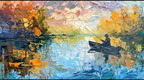 An artist's depiction of tranquility with a lone boatman on a river reflecting the vibrant, textured strokes of the surrounding nature photo