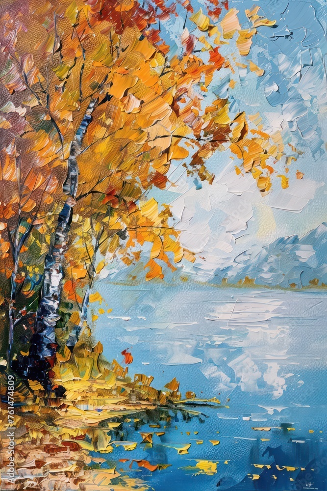 A beautiful autumn landscape painting depicting trees with golden yellow leaves by a serene lake under a cloudy sky, reflecting nature's tranquility