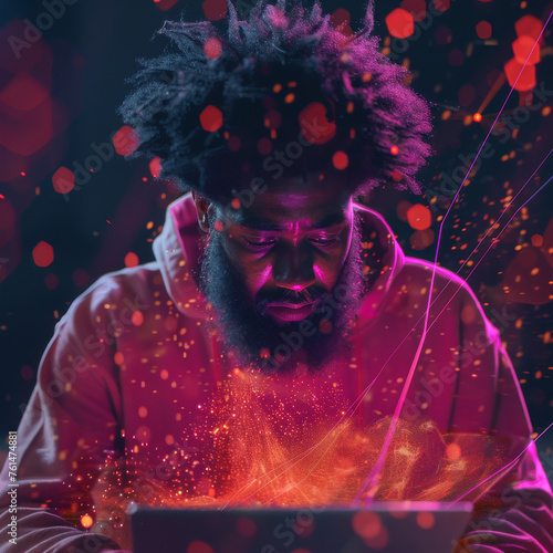 Dark Setting: Man with Afro Intensely Working on Laptop  © Creative Valley