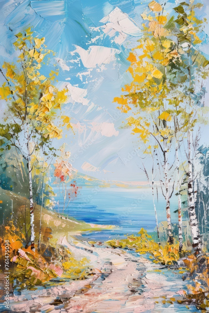 This vibrant painting features a scene with a pathway through birch trees leading to a serene lake, invoking a sense of peace and tranquility amidst the beauty of nature