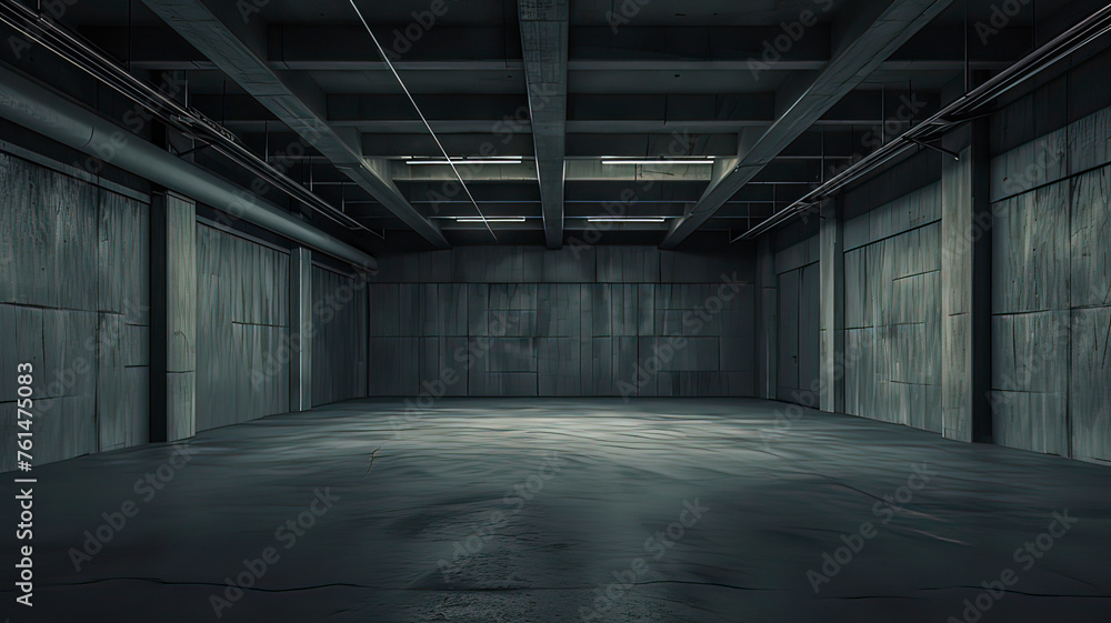Neon glowing concrete underground hangar. AI technology generated image