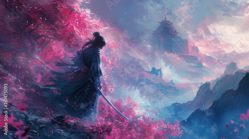 A digital artwork of a lone samurai gazing at an ethereal pink forest and distant castle. photo