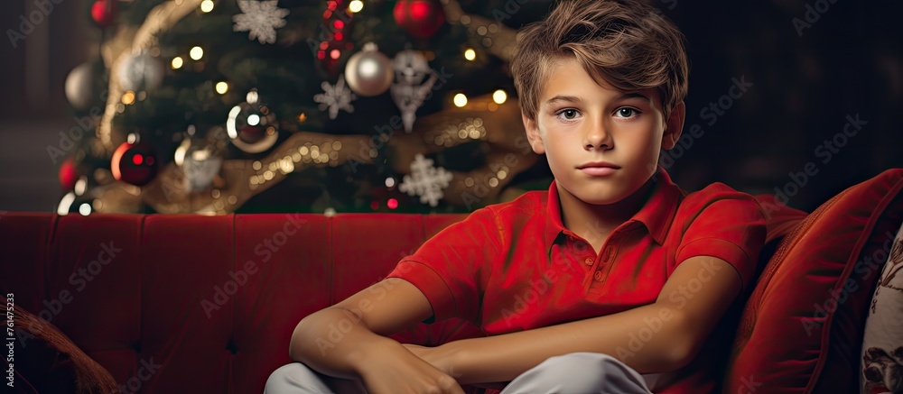The child is sitting on the couch in front of the Christmas tree, sharing a fun holiday event. His head is resting against the back, thumb playing with a helmet on the thigh - obrazy, fototapety, plakaty 