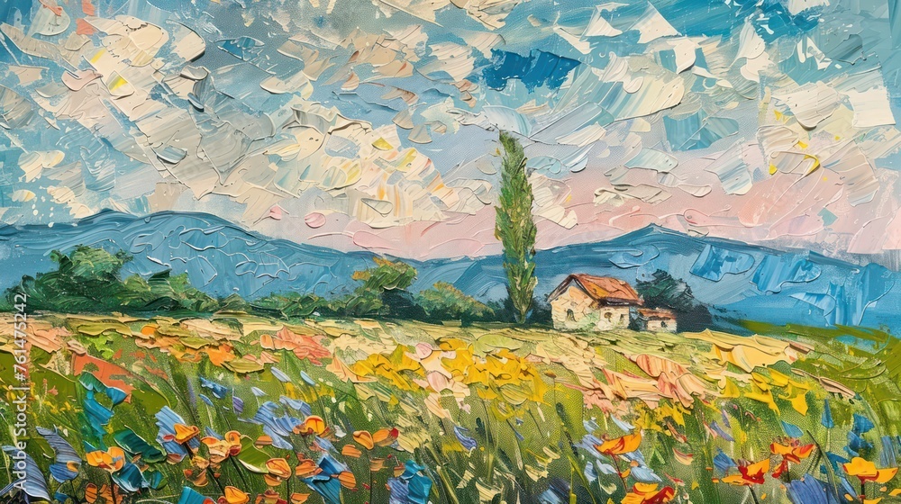 This vibrant image features a countryside scene in an impressionist style, with a house amidst fields of colorful flowers and backdrop of mountains - obrazy, fototapety, plakaty 