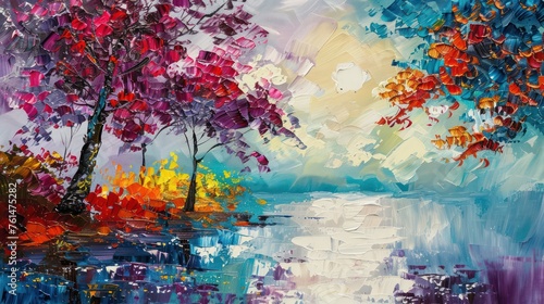 Vivid abstract oil painting showcasing a vibrant landscape with trees, reflection in water, and rich textures Perfect for those who appreciate artistry and nature