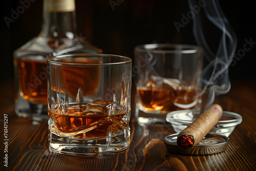 Fotografie Two glasses of Bourbon or Scotch whiskey with a smoking cigar on a wooden table