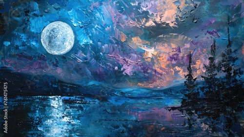 This expressive painting captures a moonlit night with rich textures and a palette of blues, purples, and hints of orange reflecting in tranquil water