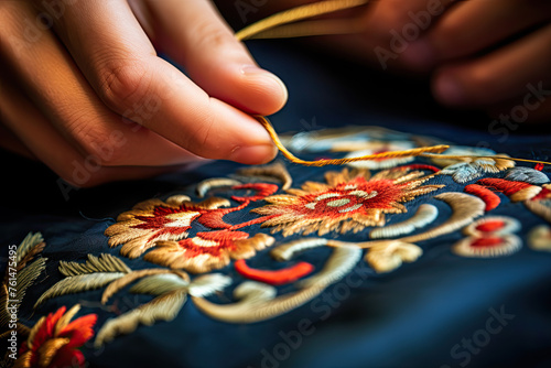 Craftsman's hands weave timeless artistry, stitching intricate designs onto delicate fabric—a mesmerizing blend of tradition and modernity