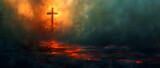 An ominous cross radiates a glowing light, surrounded by a fiery, dystopian landscape under a brooding sky