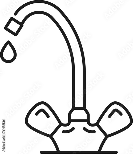 Tap kitchen and bathroom compression faucet thin line icon. Home bath sink faucet, kitchen water mixer or house bathtub modern tap vector symbol. Toilet watertap outline pictogram with dripping water