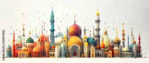 An artistic depiction of an eastern cityscape with a skyline filled with domes and minarets