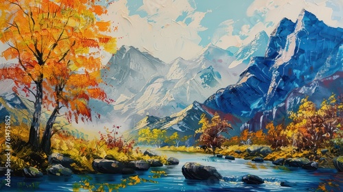 An artistic depiction highlighting the beauty of autumn with vibrant trees, a serene river, and majestic mountains in the background Perfect for seasonal themes