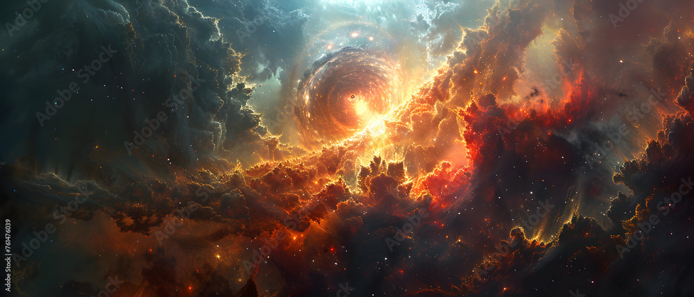 This detailed image captures the intensity of a spiraling space vortex amidst a fiery cosmic backdrop This detailed image captures the intensity of a spiraling space vortex amidst a fiery cosmic backdrop