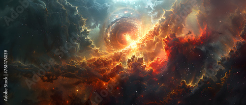 This detailed image captures the intensity of a spiraling space vortex amidst a fiery cosmic backdrop