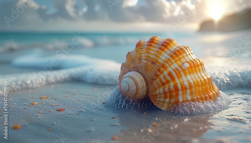Seashell on the beach. Sea shell on the sand closeup. Closeup of a seashell on a sandy beach in tropical location. Salt water seashell
