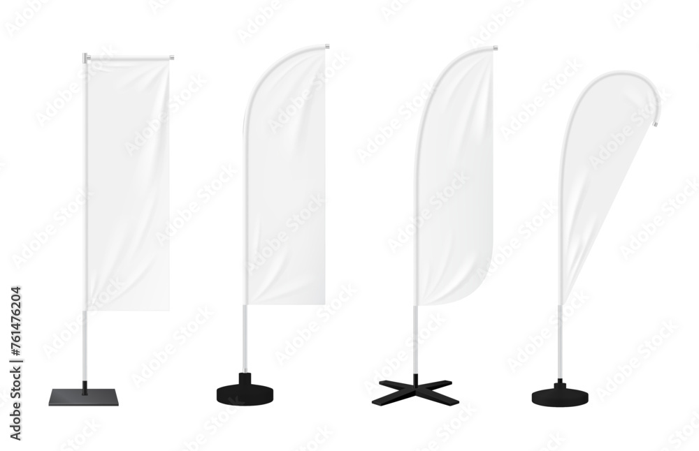 Realistic beach flags or banner stands, blank mockups of outdoor advertising, isolated vector. White beach flags, feather, bow or teardrop and rectangle banner stands on poles for promotion display - obrazy, fototapety, plakaty 