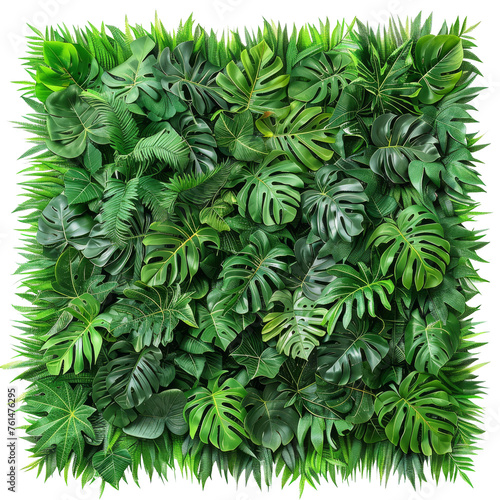 A tile of vertical garden full of vibrant green tropical foliage, perfect for eco-friendly and biophilic design in architecture and decor.