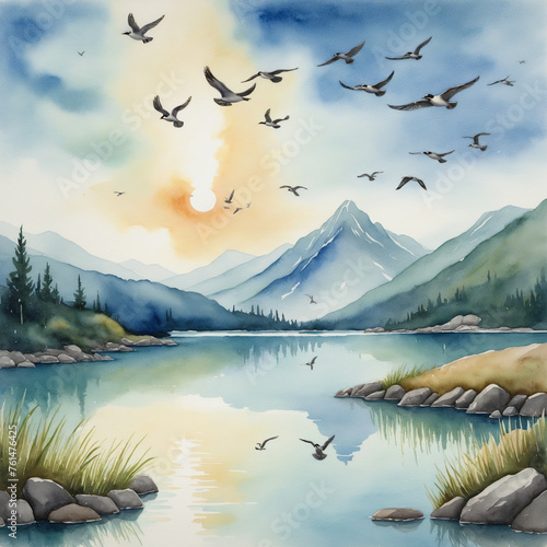 Watercolor illustration of a flock of birds over a lake 