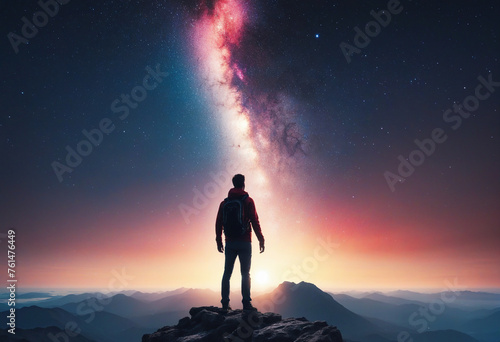 Conceptual image of a man standing on top of a mountain and looking at a colorful explosion