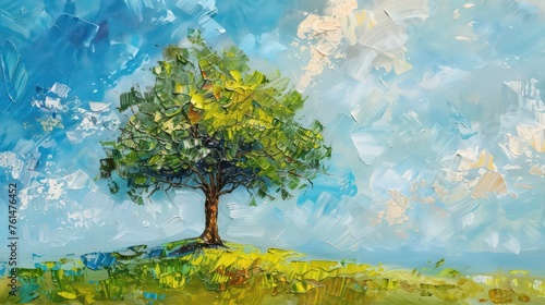 This vibrant artwork features a solitary tree in the center, depicted in impasto technique with thick, expressive brush strokes that give a textured feel