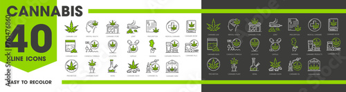 Medical cannabis line icons, cbd and marijuana, weed extract symbols set. Vector leaves, seeds and plant, pills, oil, and farm, store building, prescription, bong and book. Hemp products, joint, buds
