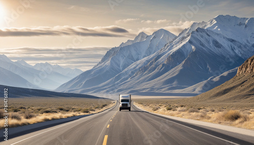 back view of single truck on road to mountain, winter