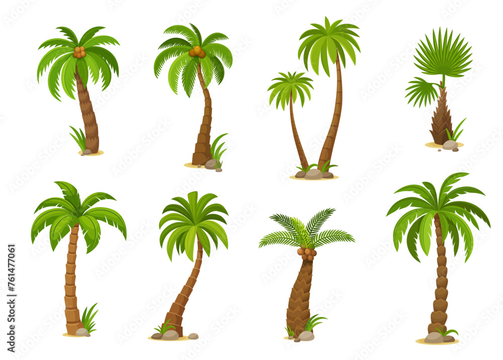 Cartoon jungle coconut palm trees. Vivid vector set featuring isolated jungle plants with lush fronds, capturing the essence of tropical beauty. Vibrant exotic flora, 2d game assets or gui elements
