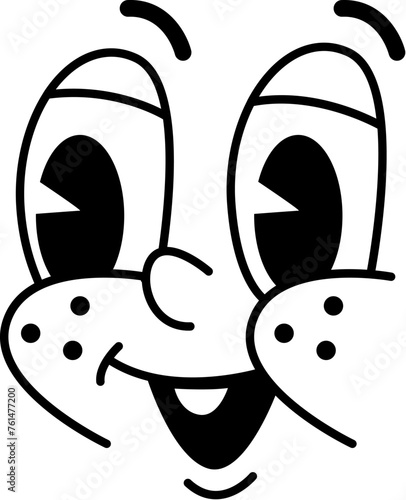Groovie cartoon face with funny comic emotion of eyes and mouth, vector retro smile. Happy emotion or emoticon character in retro doddle line or groovy face with smiling wow look and goggle eyes