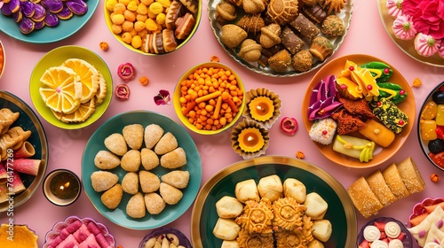 Simplistic depiction of Diwali sweets and snacks arrangement, vibrant colors on a pastel background