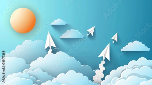 Paper airplanes flying from clouds background, business teamwork creative concept idea
