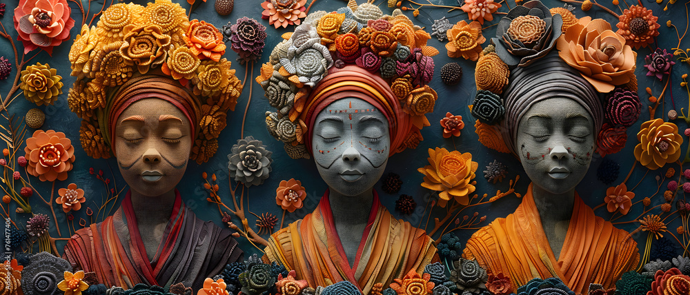 Three stylized female figures adorned with a multitude of floral arrangements against a blue backdrop