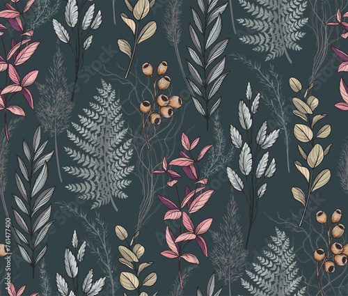 Vector seamless pattern with dried flowers, leaves and branches. Endless floral background