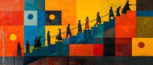 Graphic illustration of silhouetted people ascending a staircase against a backdrop of rich, multicolored geometric shapes and outlined circles