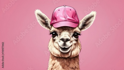 Cute drawn llama isolated on pink background. In a pink cap. AI generation