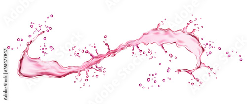 Realistic pink water swirl splash with splatters, juice or wine long wave flow, isolated vector. Transparent pink water explosion in long wave spill or pour for fruit juice drink or sweet berry syrup