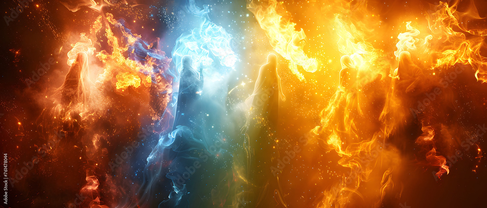 An intense abstract clash of fire and ice elements, representing conflict, contrast, and the balance between extremes - obrazy, fototapety, plakaty 
