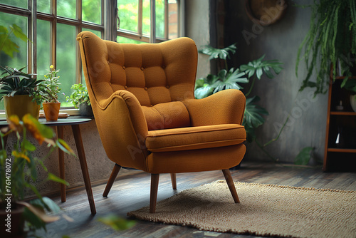 brown armchair near the coffee table by the window, interior design of a modern living room in boho style