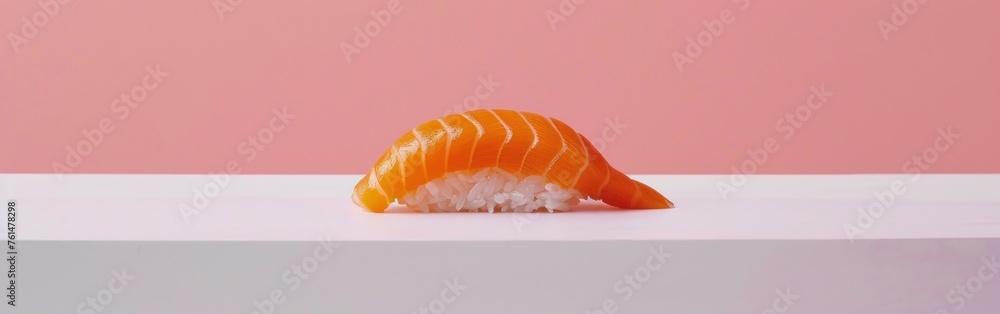 A piece of sushi resting on a white counter, showcasing its vibrant colors and fresh ingredients A piece of sushi resting on a white counter, showcasing its vibrant colors and fresh ingredients
