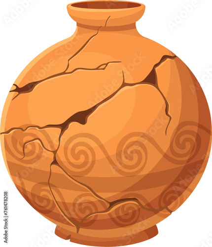Ancient broken vase, ceramic cracked pot or jug and antique pottery, vector bowl. Old clay vase with cracks, Roman or Greek and archeological earthenware with antique ornament on cracked pot pieces