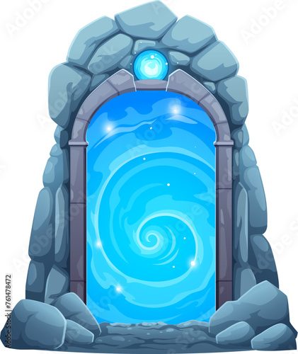 Magic portal door for fantasy game, gate in stone rock arch with blue plasma, cartoon vector. Portal door or parallel world entrance for time and space teleport, mystery doorway portal in cave