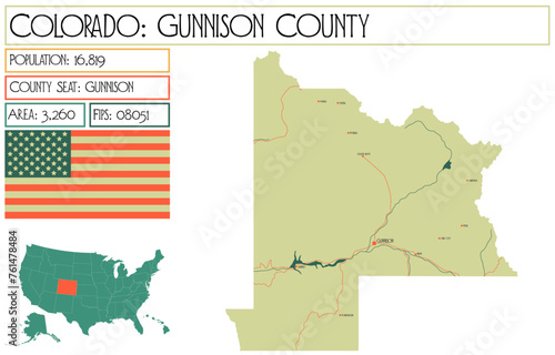 Large and detailed map of Gunnison County in Colorado USA.