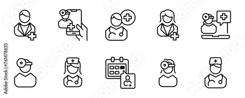 physician medicals doctor icon line set. nurse and paramedic health care specialist consultation vector illustration for web and app