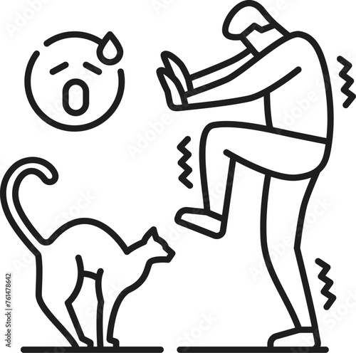 Human ailurophobia phobia icon, mental health. Fear of cats problem, People psychology or mental disorder linear vector pictogram, thin line symbol or sign with mans cared of cat
