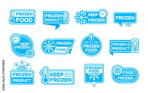 Frozen logo icons, cold product label and badge. Isolated vector set of blue stickers, feature snowflakes or frost and thermometer symbols. Elements for packages or frosty food preservation items