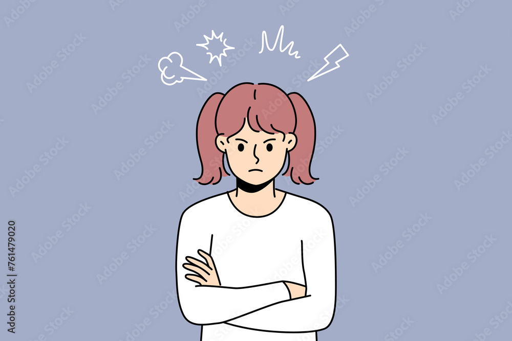 Angry little girl stands with arms crossed and looks at screen with hatred, showing disobedience or resentment. Teenage child needs parental affection to get rid of hatred and negative emotions Angry little girl stands with arms crossed and looks at screen with hatred, showing disobedience or resentment. Teenage child needs parental affection to get rid of hatred and negative emotions