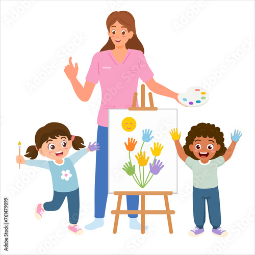 Teacher and children play finger painting in art class. Touch or tactile sensory play for fine motor of hand and fingers good for hand writing skill of kids in school. Flat vector illustration.