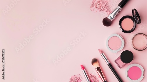 Top view of makeup items on a light pink background with copy space photo